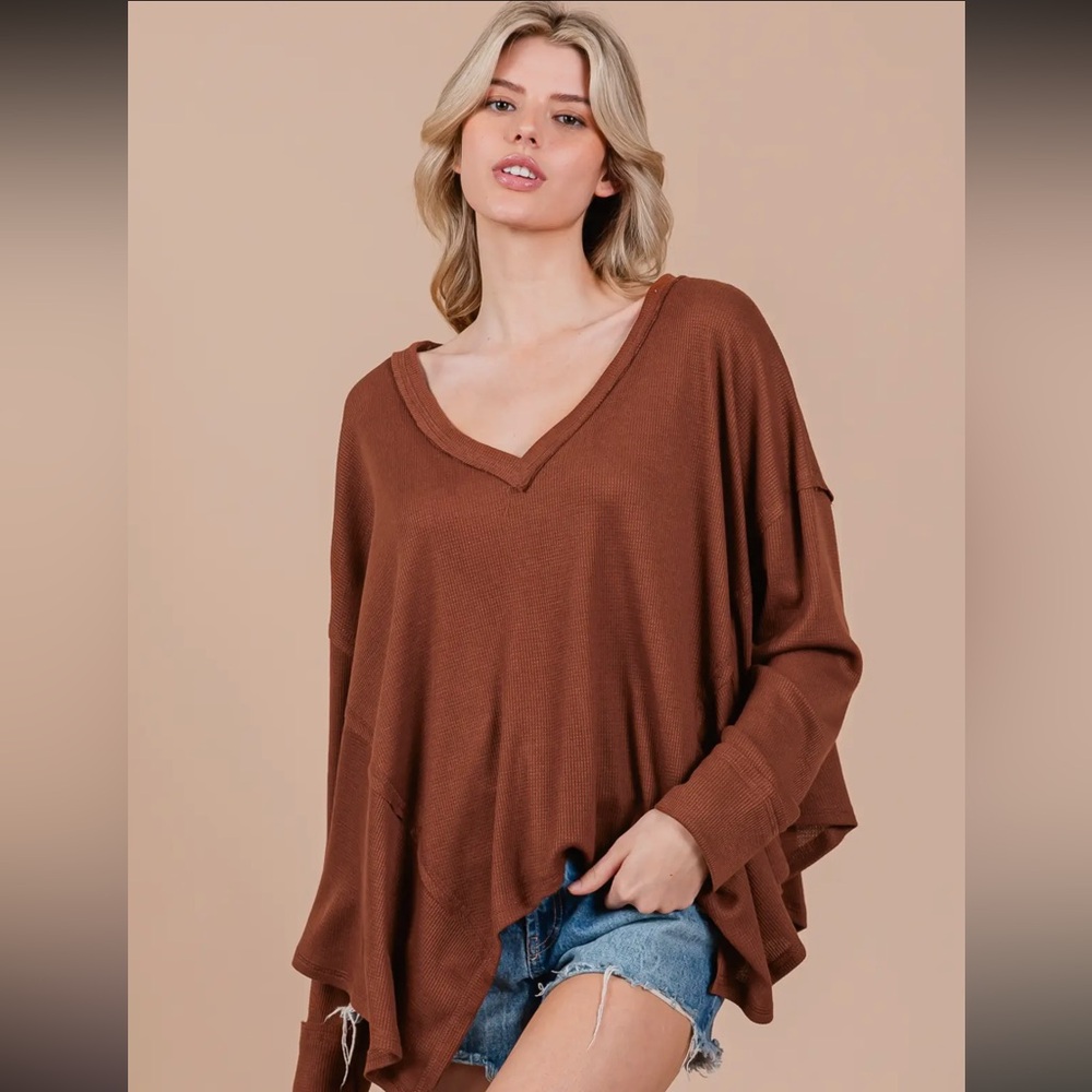 Knit Thermal V-neck Reverse st Oversized Casual top